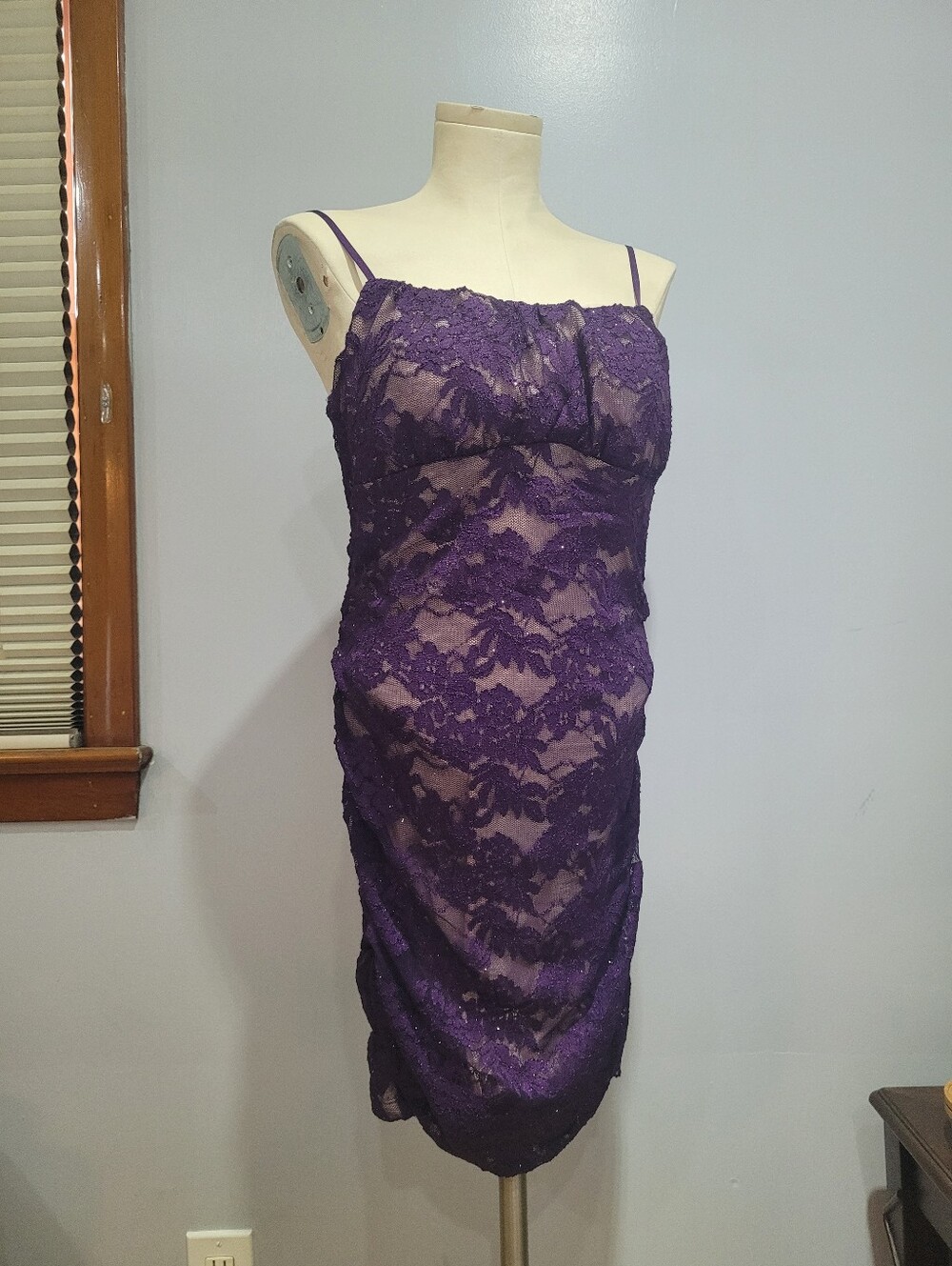 Purple Lace Ruched Spaghetti Strap Dress